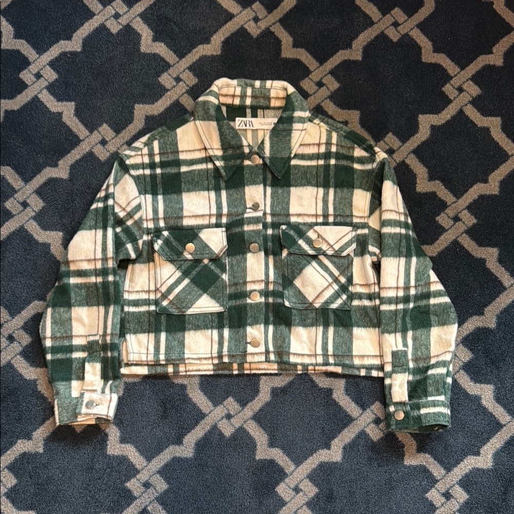 Zara Women's Green and Cream Plaid Jean Jacket